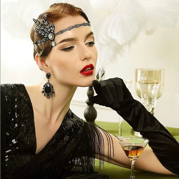 ✨ NWT Art Deco 1920’s Gatsby Flapper Crystal Rhinestone & Pearl, Black - Picture 3 of 6